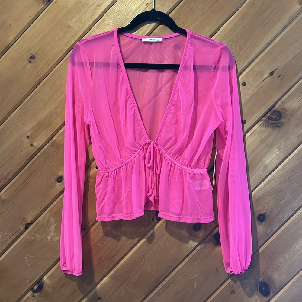 NWT hot neon pink mesh long sleeve tie front layering top